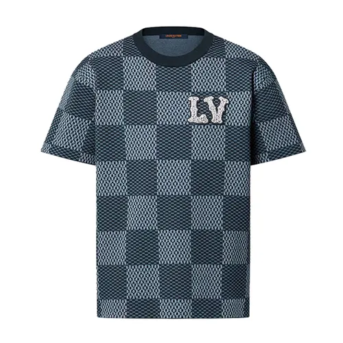 Áo Phông Nam Louis Vuitton LV Knitted Shirt Kẻ Caro Màu Xanh Xám Size S