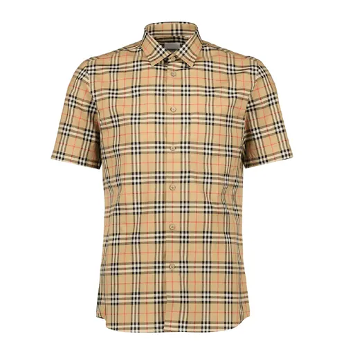 Áo Sơ Mi Cộc Tay Nam Burberry Check Pattern Short-Sleeved Màu Beige Size XS