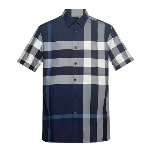 Áo Sơ Mi Cộc Tay Nam Burberry White/DC Blue Ip Check Màu Xanh Navy Kẻ Size S