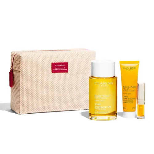 Bộ Chăm Sóc Da Clarins Tonic & Make Up Set 4 Món (Dầu Dưỡng Thể 100ml + Sữa Tắm 30ml + Dưỡng Môi 01 + Túi)