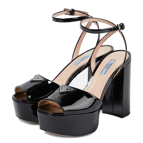 Dép Cao Gót Nữ Prada Patent Leather Platform Sandals Màu Đen Size 37