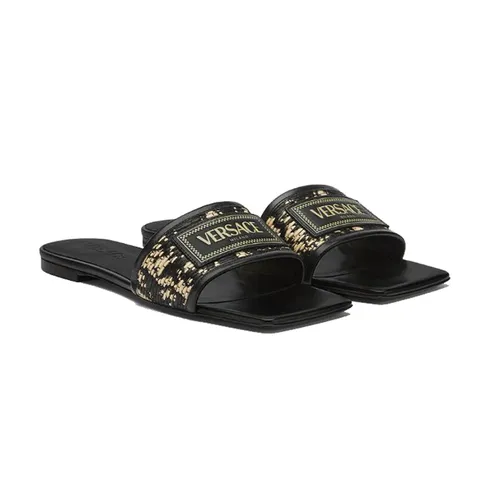 Dép Nữ Versace Theia Barocco Raffia Flats 1016941-1A12026_6X600 Màu Đen Vàng Size 36