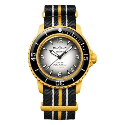 Đồng Hồ Nam Blancpain X Swatch Fifty Fathoms Bioceramic Pacific Ocean SO35P100 Màu Đen Vàng