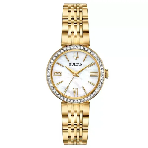 Đồng Hồ Nữ Bulova 98X122 Quartz White Dial Swarovski Gold Case & Stainless Steel For Lady Màu Vàng