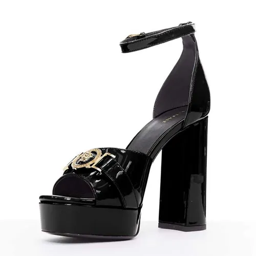 Giày Cao Gót Nữ Versace Tribute Noir Verni Or Medusa Open Toe Platform Sandal Màu Đen Size 36.5