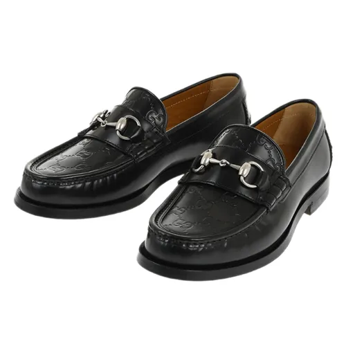 Giày Lười Nam Gucci Brushed Leather Loafers With Monogram Embossed Detail Màu Đen Size 39.5