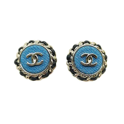 Khuyên Tai Nữ Chanel CC Logo Leather Pierced Denim Round Earrings Màu Xanh Denim