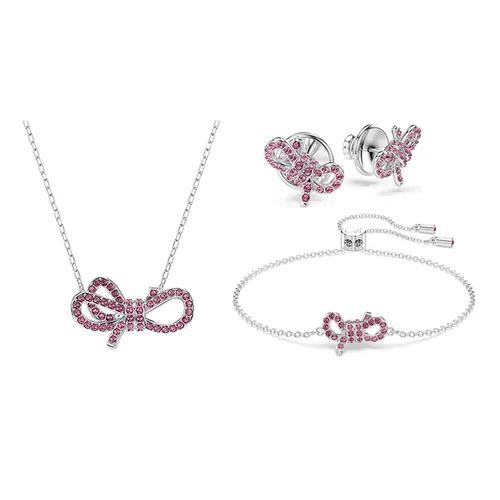 Set Dây chuyền + Vòng Đeo Tay + Khuyên Tai Nữ Swarovski Lifelong Bow Stud Earrings Pink Rhodium Plated Màu Bạc Hồng