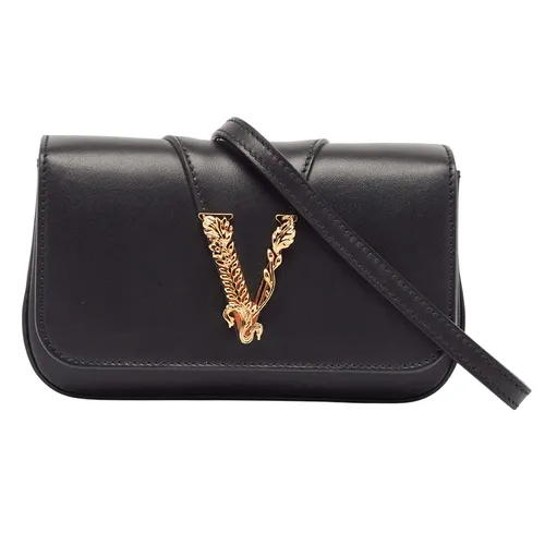 Túi Đeo Vai Nữ Versace Black Leather Virtus Flap Saddle Bag Màu Đen