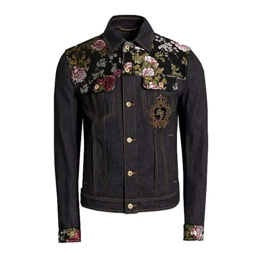 Áo Khoác Jean Nam Dolce & Gabbana D&G Embellished Metallic Jacquard-Paneled Denim Jacket In Charcoal Màu Xám Đen Size 44