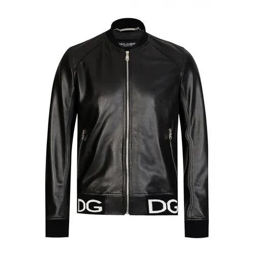 Áo Khoác Nam Dolce & Gabbana D&G Hem Logo Leather Bomber Jacket Black Màu Đen Size 46
