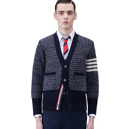 Áo Len Cardigan Nam Thom Browne 4-Bar Mélange-effect MKC510A Màu Xanh Xám Size 1