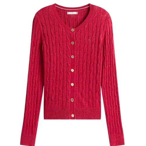 Áo Len Cardigan Nữ Tommy Hilfiger Cable Knit Màu Đỏ Size XS