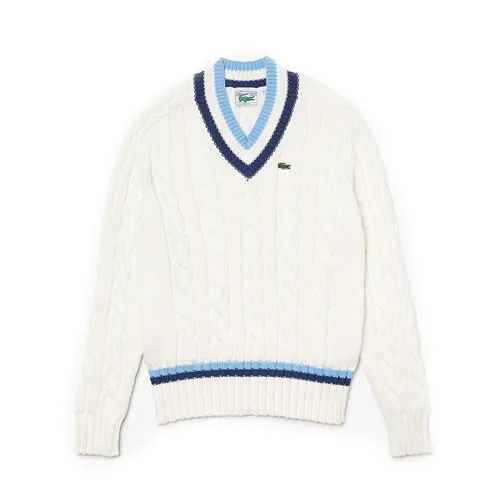 Áo Len Lacoste V-neck Striped Finishes Cable Knit Sweater AH1350.UDF Màu Xanh Trắng Size 1