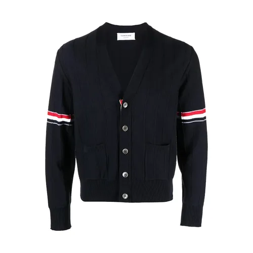 Áo Len Nam Thom Browne RWB Stripe V-neck Cardigan MKC519A Màu Xanh Navy Size 3