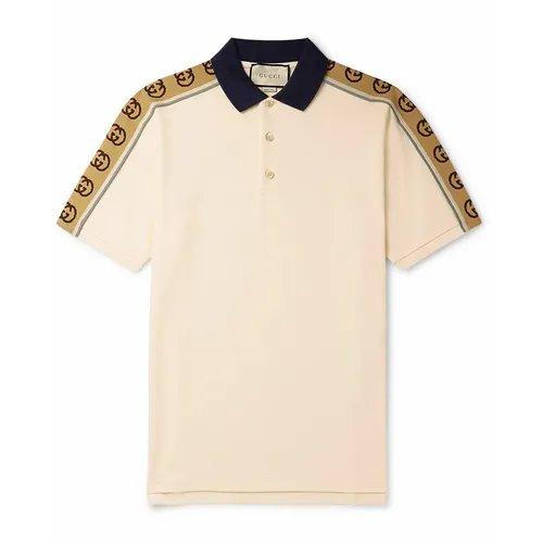 Áo Polo Nam Gucci Logo-Jacquard Webbing-Trimmed Stretch-Cotton Piqué Polo Shirt Màu Be Size S (Form To)
