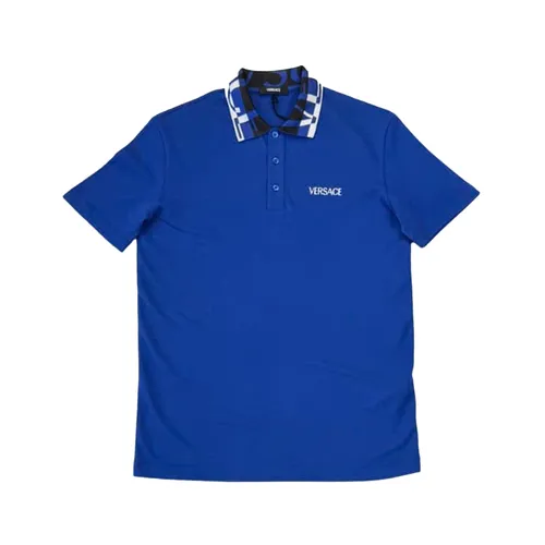 Áo Polo Nam Versace Patterned Collar Logo Embroidered At Chest In Blue - 1012260 1A14426 2UO00 Màu Xanh Blue Size L