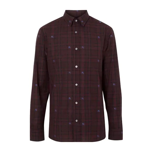 Áo Sơ Mi Nam Burberry Check Stretch Cotton Màu Đỏ Thẫm Size XS