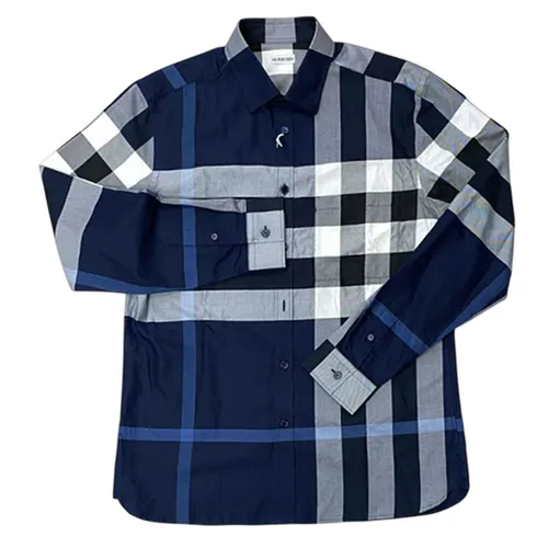 Áo Sơ Mi Nam Burberry Men's Cotton White/DC Blue Ip Check Màu Xanh Kẻ Size L