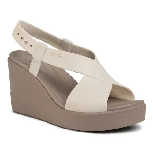 Dép Cao Gót Nữ Crocs Sandal Women Brooklyn High Wedge - Oyster - LiteRide™ Foam Màu Be Xám Size 35