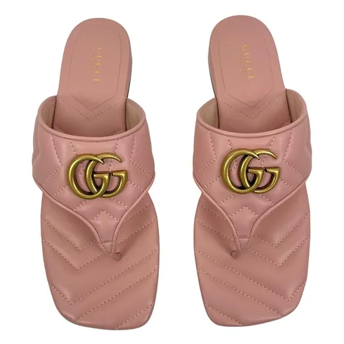 Dép Nữ Gucci GG Logo Marmont Leather Thong Flat Sandals Pink Màu Hồng Size 35