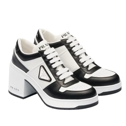 Giày Cao Gót Nữ Prada Downtown High Heeled Leather Black/ White Low Top Sneakers Màu Trắng Đen Size 36