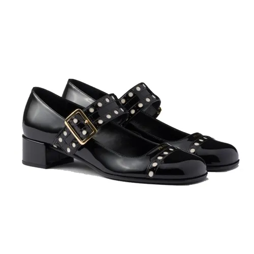 Giày Cao Gót Nữ Prada Mary Jane Block Heel Pumps In Black Màu Đen Size 37