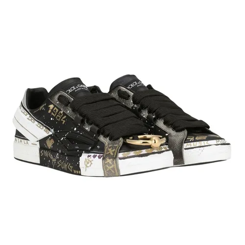 Giày Sneaker Nam Dolce & Gabbana D&G Painted Calfskin Portofino 'Black' CS2005 AY142 80999 Màu Đen Size 5