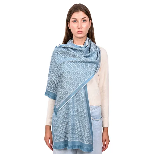 Khăn Choàng Salvatore Ferragamo Blue/White Gancini Printed Wool Scarf Màu Trắng - Xanh