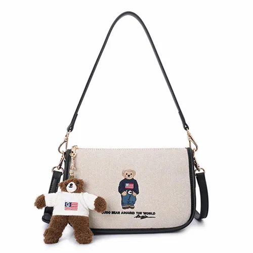 Túi Đeo Chéo Nữ Guoo Bear Beige Canvas Embroidered Underarm Bag GU1428-10040 Màu Be Xanh
