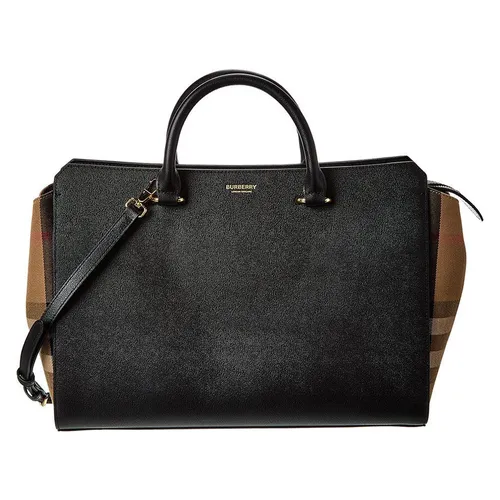 Túi Xách Tay Nữ Burberry Banwell Medium Leather & Check Canvas Satchel Màu Đen