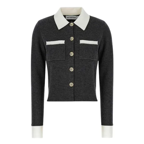 Áo Cardigan Nữ Self-Portrait Wool Blend With Contrasting Collar In Grey PF25-048C-GR Màu Xám Size XS
