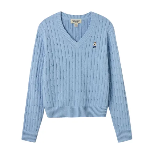 Áo Len Nữ WHOAU Steve V-neck Cable Sweater WHKAF1104F Màu Xanh Blue Size S