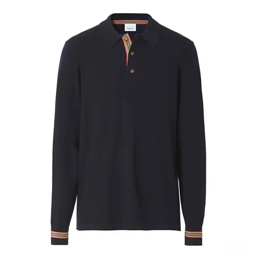 Áo Polo Dài Tay Nam Burberry Wool Long-sleeved Icon Stripe Polo Shirt In Navy Màu Xanh Navy Size XS