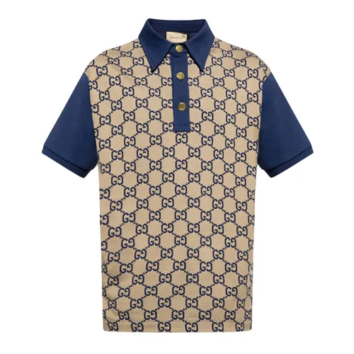 Áo Polo Nam Gucci Maxi GG Silk Cotton 'Beige Blue' Monogram 682015 XJD1F 2480 Màu Xanh Phối Be Size XS