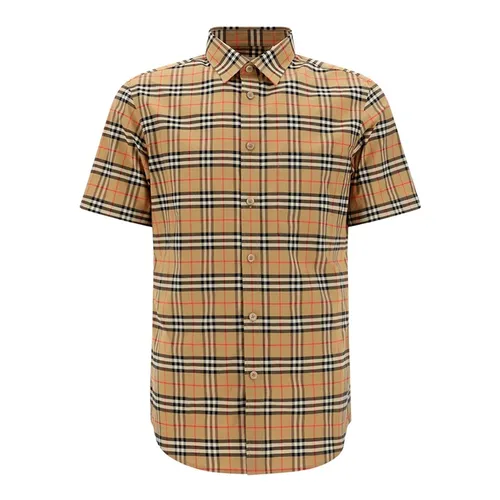 Áo Sơ Mi Cộc Tay Nam Burberry Short Sleeve Check Stretch Cotton Shirt Màu Beige Size XS