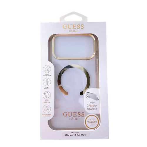 Ốp Điện Thoại Guess Metal Outline MagSafe For iPhone 17 Pro Max Màu Trắng Trong/Vàng
