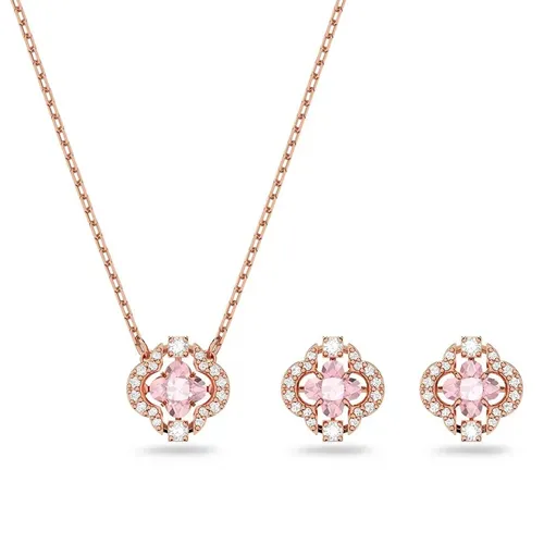 Set Dây Chuyền + Khuyên Tai Nữ Swarovski Sparkling Clover Dance Set Pink Rose Gold Tone Plated Màu Vàng Hồng