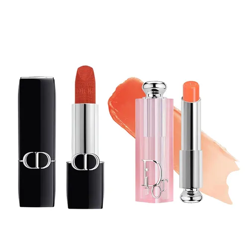 Set Son Dior Rouge Dior Couture Velvet Finish 840 Rayonnante Đỏ Cam Đất  + Addict Lip Glow Balm 004 Coral Cam San Hô
