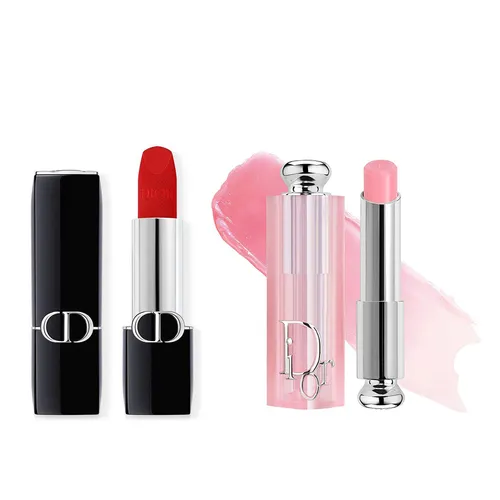 Set Son Dior Rouge Dior Couture Velvet Finish 999 Đỏ Tươi + Addict Lip Glow Balm 001 Pink Hồng Nhạt