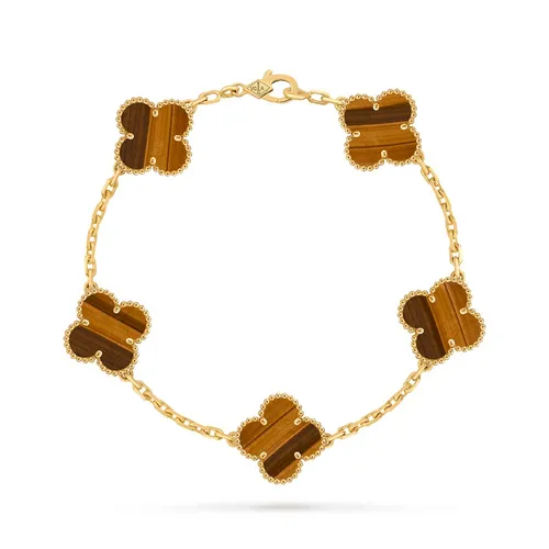 Vòng Đeo Tay Nữ Van Cleef & Arpels Vintage Alhambra Bracelet, 5 Motifs 18k Yellow Gold Tiger Eye VCARD35600 Màu Vàng