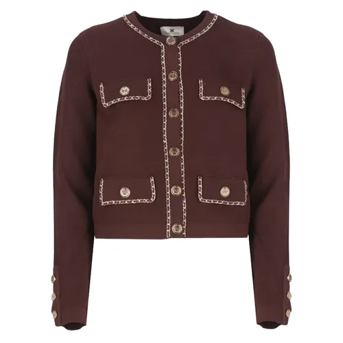 Áo Khoác Nữ Elisabetta Franchi Cropped With Gold-Tone Metal Buttons MK63B46E2 CG3 Màu Đỏ Bordeaux Size 38