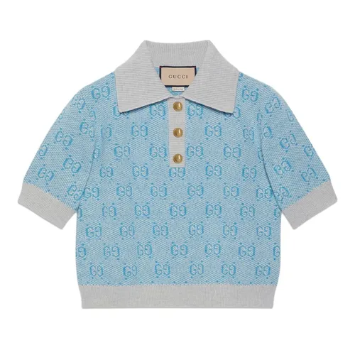 Áo Len Nữ Gucci GG Wool Jacquard Knit Top Polo In Light Blue 773631 XKDK5 4576 Màu Xanh Size XS