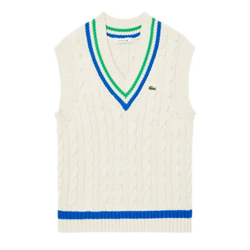 Áo Len Nữ Lacoste V Neck Cable Knit Sweater Vest AF6945-51 GIK Màu Be Xanh Size 34