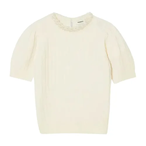 Áo Len Nữ Sandro Madie Pearl-embellished Wool Short-sleeved In Cream SFPPU02147 217331 Màu Kem Size 0