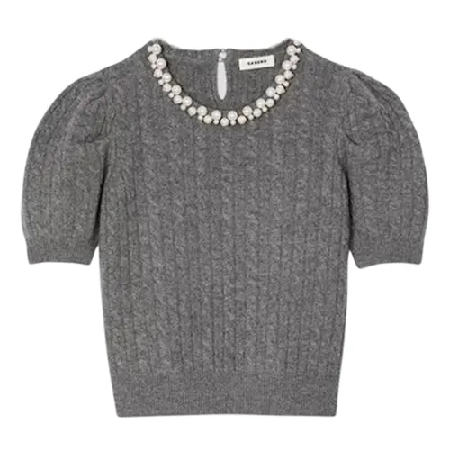 Áo Len Nữ Sandro Madie Pearl-embellished Wool Short-Sleeved SFPPU02147 196608 Màu Xám Size 1