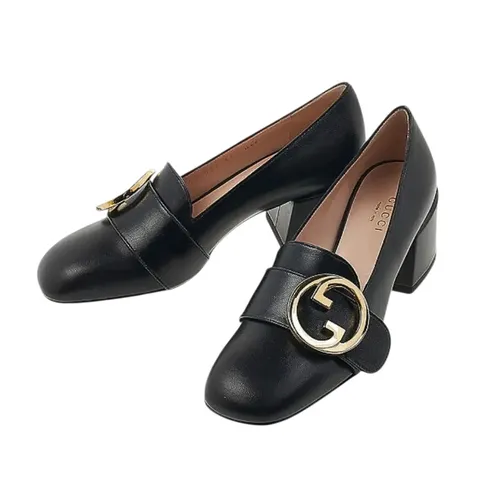 Giày Cao Gót Nữ Gucci Blondie Double G Logo Black Leather Block Heel Pumps 700053 C9000 1000 Màu Đen Size 35