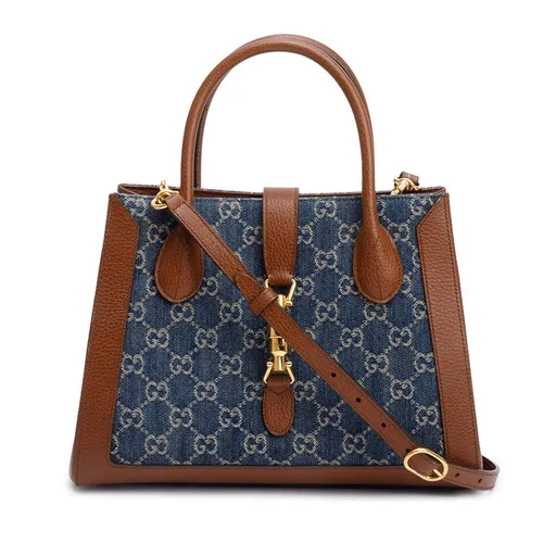 Túi Tote Gucci GG Denim Medium Jackie 1961 Top Handle Tote Bag w/ Strap Màu Xanh Nâu