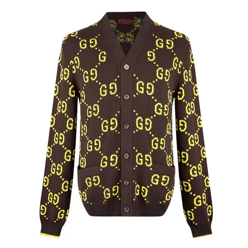 Áo Cardigan Nam Gucci Brown Monogram Jacquard With Logo Lime 791041 XKD35 2058 Màu Nâu Size XS