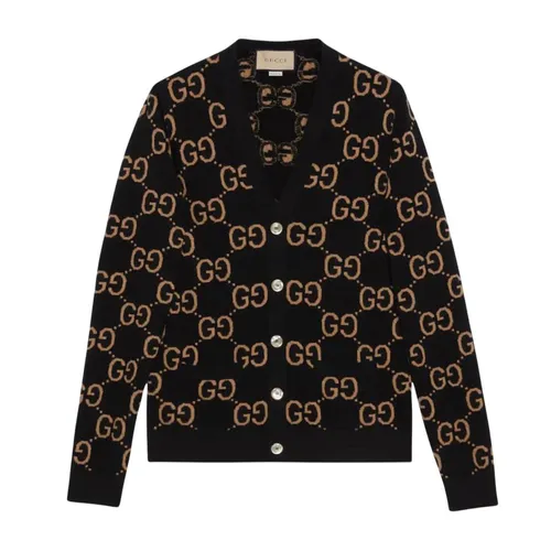 Áo Cardigan Nam Gucci Sweater Knitwear Monogram Wool In Black/Brown 694758 XKCC5 1440 Màu Đen Size S